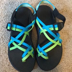 Blue and green chacos, worn once, size 8